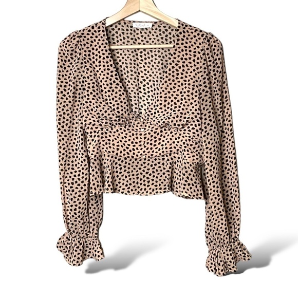BLUSH BJ Sheer Animal Print Crop Top Long Sleeve Ruffle Cuff US Sz S - Picture 3 of 10
